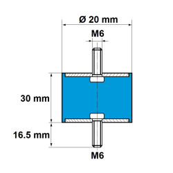 Silent Bloc Cylindrique M6 Mâle / Mâle Diamètre 20 mm - Hauteur 30 mm