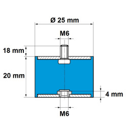 Silent Bloc Cylindrique M6 Mâle / Femelle Diamètre 25 mm - Hauteur 20 mm