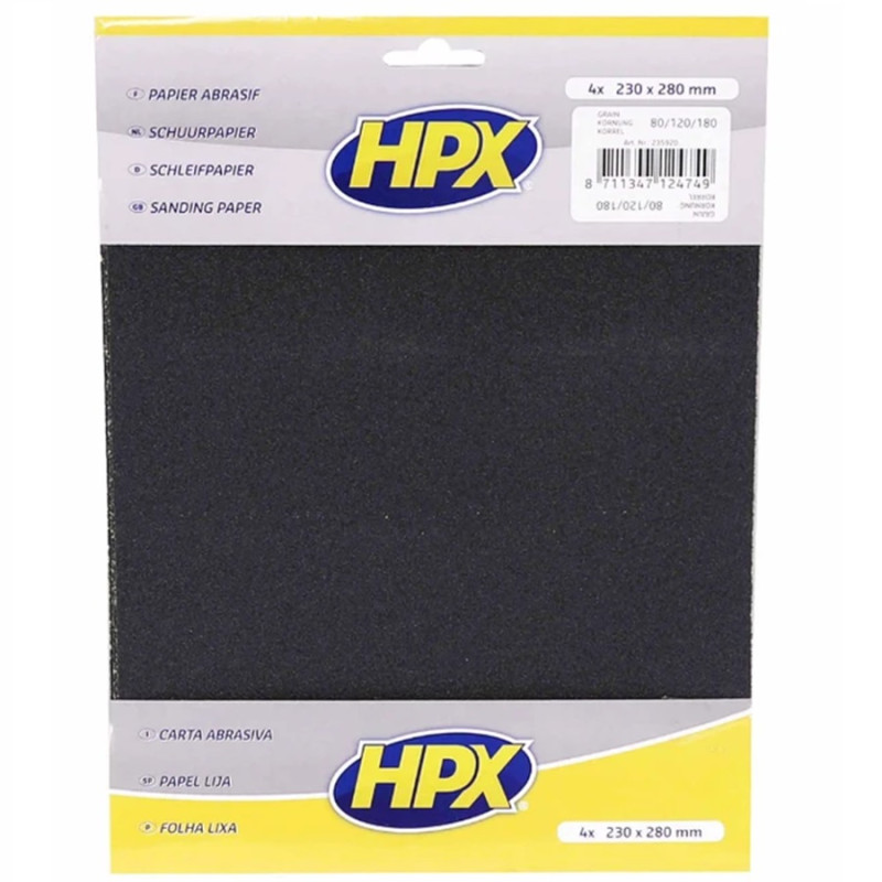 Assortiment de 4 Papiers Abrasif à Poncer HPX Grain 80 / 120 / 180 - 230 x 280 mm