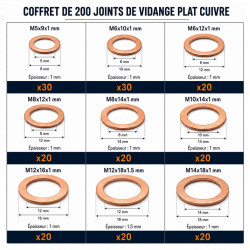 Coffret de 200 Joints Bouchon de Vidange Cuivre Plat Ø 5 à 14 mm