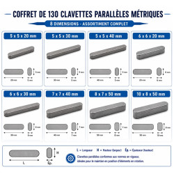 Coffret Assortiment de 130 Clavettes Parallèle Métrique